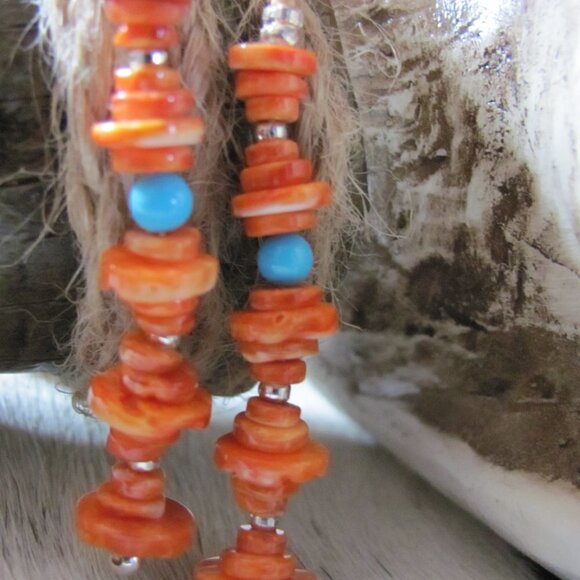 ZUNI HAND MADE SPINY OYSTER & SLEEPING BEAUTY TURQUOISE EARRINGS - Picture 6 of 16